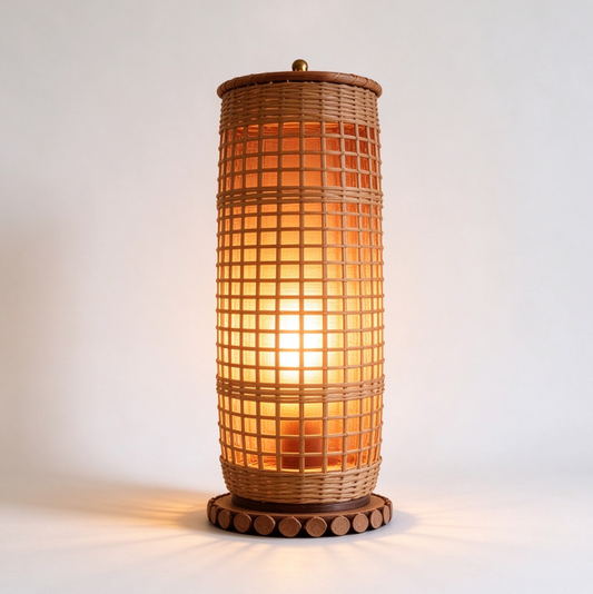 Hand-Woven Rattan Table Lamp with Warm Amber Glow