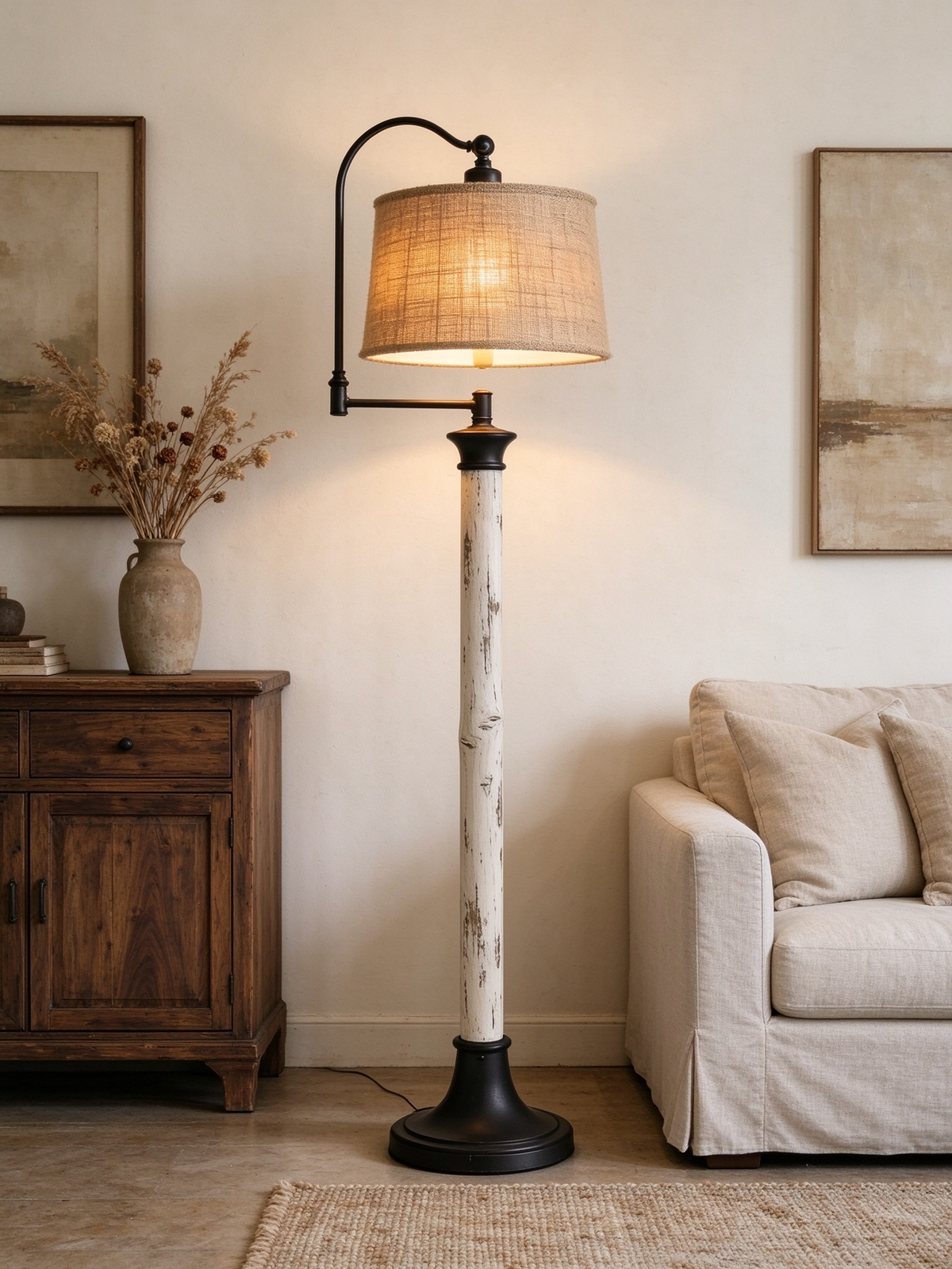 Farmhouse Floor Lamp with Burlap Shade