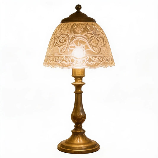 Vintage Brass Floral Relief Table Lamp with Amber Glass Shade