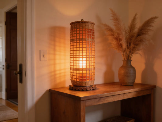 Hand-Woven Rattan Table Lamp with Warm Amber Glow