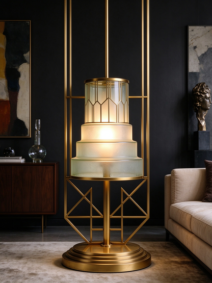 Art Deco Gold Floor Lamp with Frosted Glass