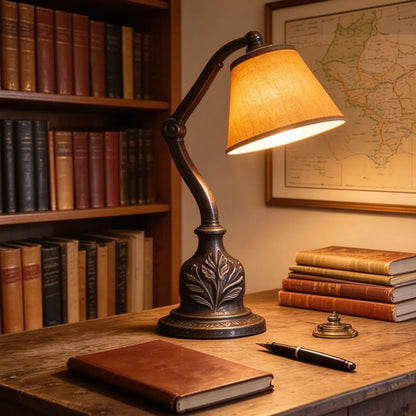 Antique Brass Swing-Arm Table Lamp with Leaf Relief Base