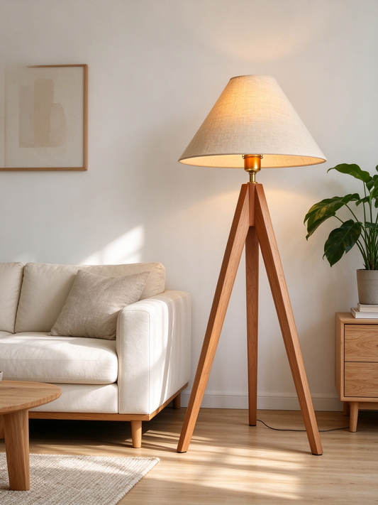 Wooden Tripod Floor Lamp with Linen Shade