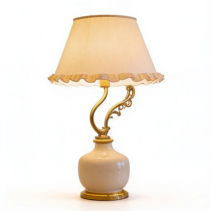 White Ceramic Gold Scrollwork Table Lamp with Ruffle Shade