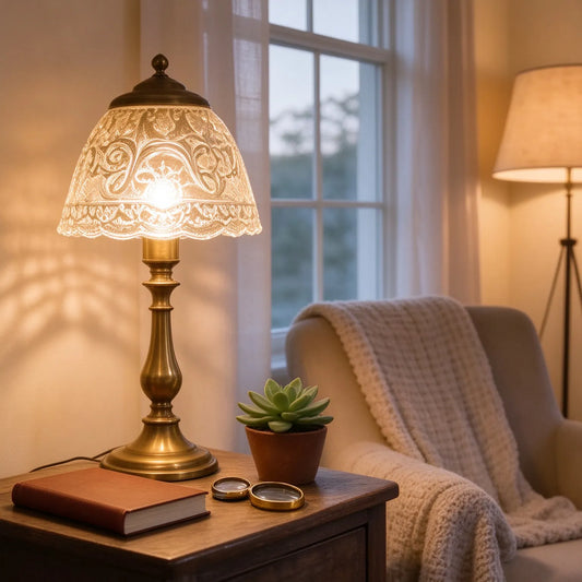 Vintage Brass Floral Relief Table Lamp with Amber Glass Shade