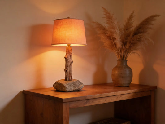 Natural River Stone Table Lamp with Driftwood Post