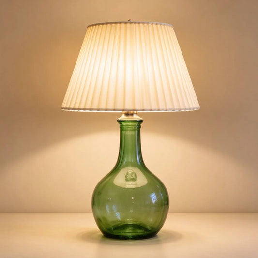 Green Glass Bottle Base Table Lamp with Pleated Shade