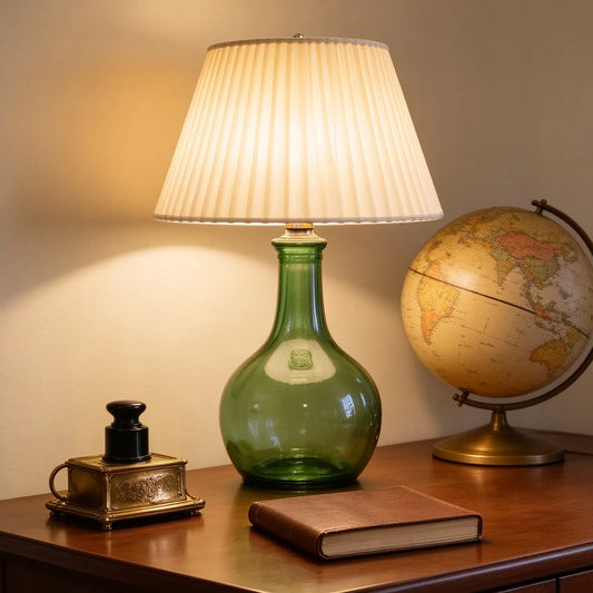 Green Glass Bottle Base Table Lamp with Pleated Shade