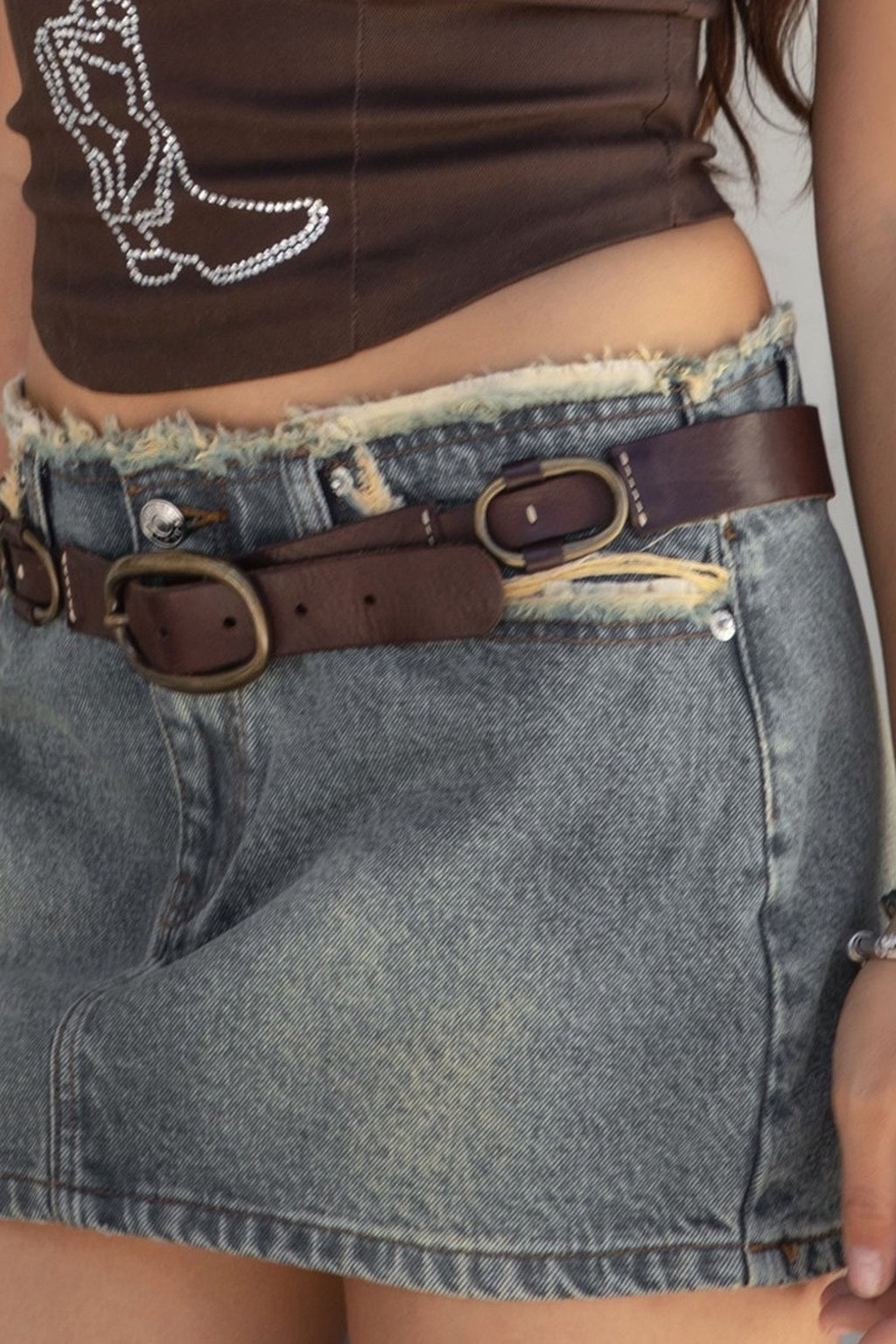 Low Rise Frayed Denim Mini Skirt
