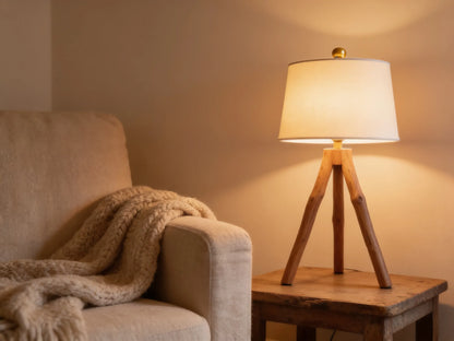 Handcrafted Wood Tripod Table Lamp with Drum Shade