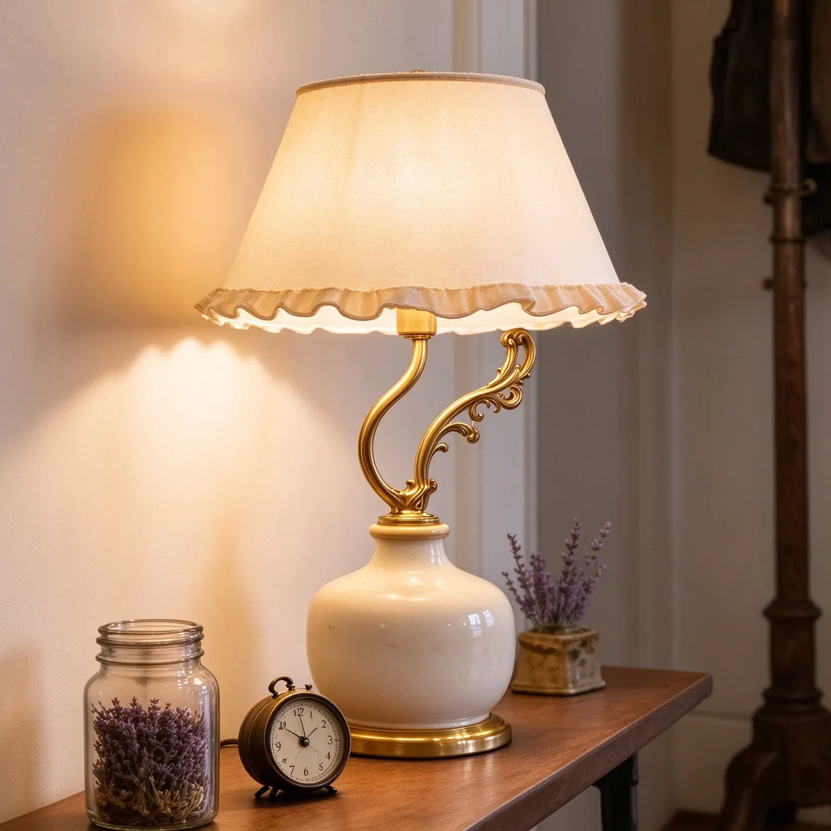 White Ceramic Gold Scrollwork Table Lamp with Ruffle Shade